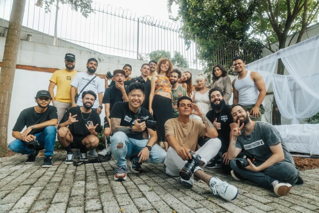 Diverse group of friends having fun and posing for a group photo outdoors in São Paulo.